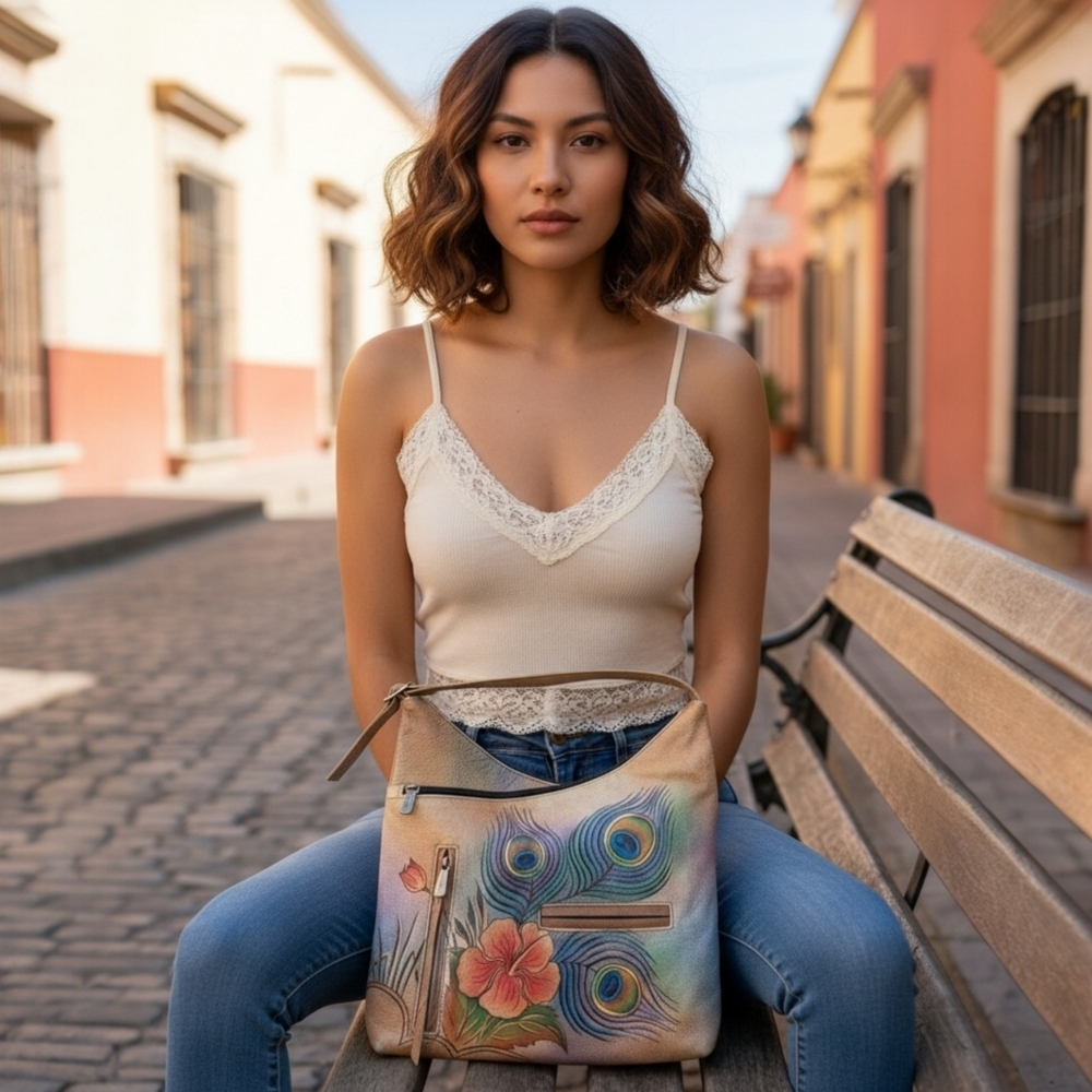 ✨️Anuschka Retired Hand Painted Peacock Feather Genuine Leather Shoulder Bag!